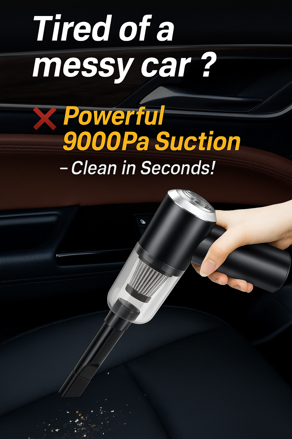 Portable Handheld Car Vacuum Cleaner – 9000Pa Strong Suction, Rechargeable Cordless Mini Vacuum for Home & Car